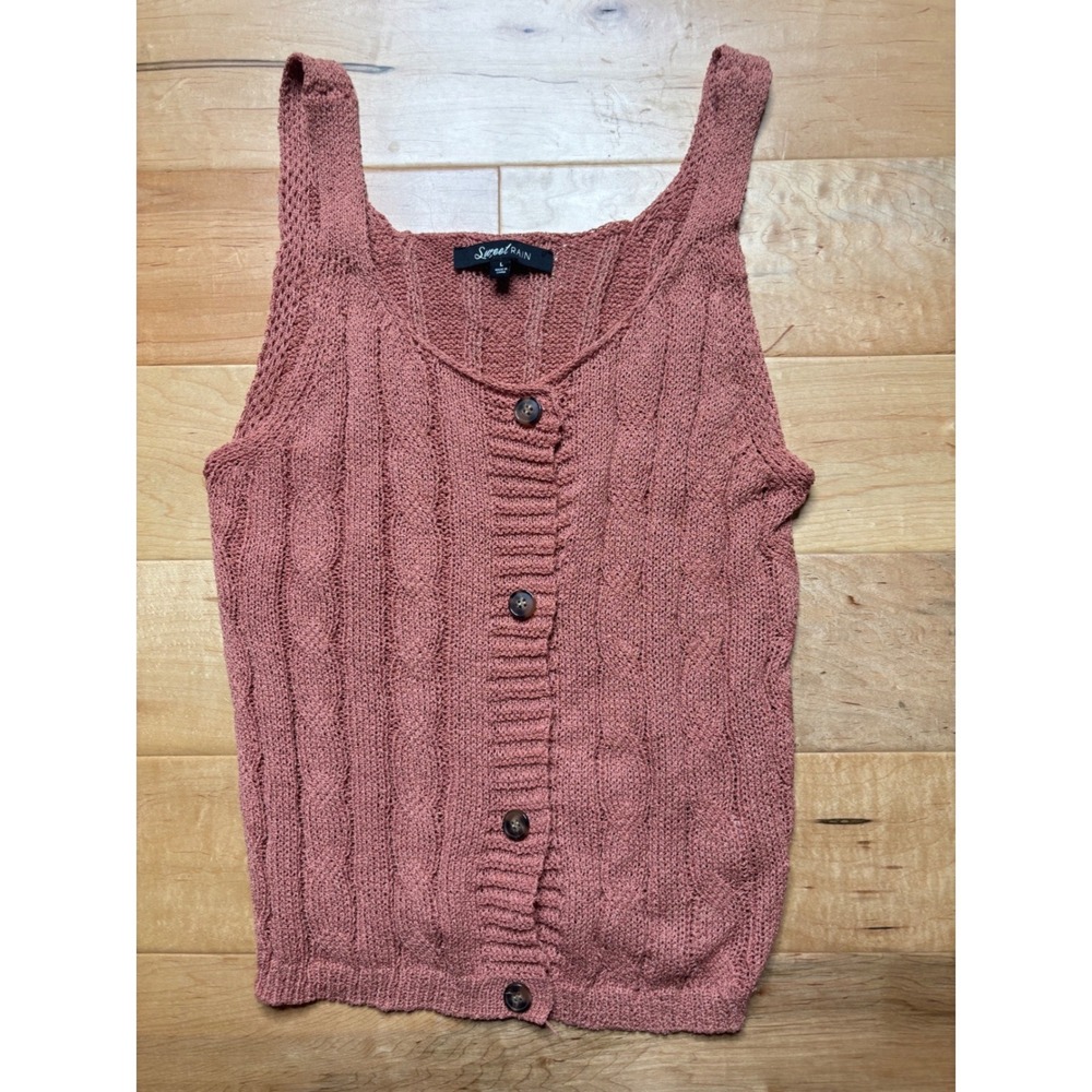 Sweet Rain Sweater Tank Women S (Tag L) Rusty Rose Cable Knit Button Front